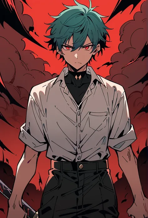 Male Teenager ,solo, white button down shirt, black undershirt, black jean pants, black shoes, teal hair, scar neck , red eyes, serious look, masterpiece, best quality, hell, red sky, holding sword