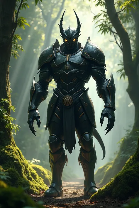 BLACK SCORPION IRON MUSCULAR HUMANOID WITH KNIGHT ARMOR CLAD IN TREE FOREST 