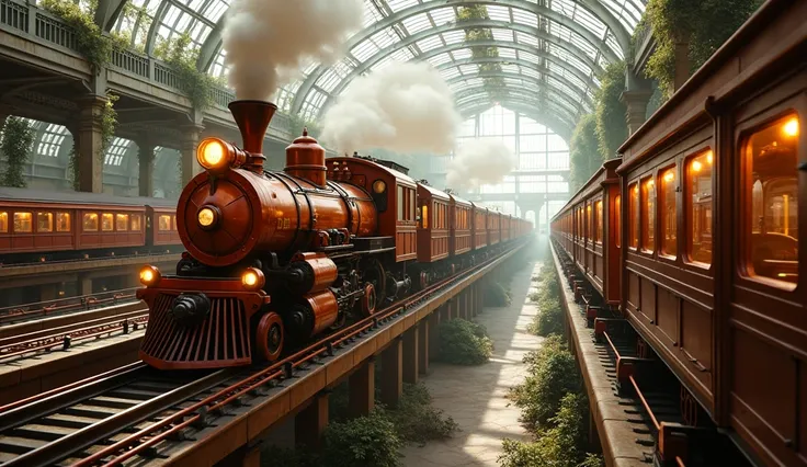 A network of steampunk trains that cross Solarium ,  wagons with raised rails and stations shining in tons of copper and red.  The locomotives release steam as the mechanical lights flash on the .