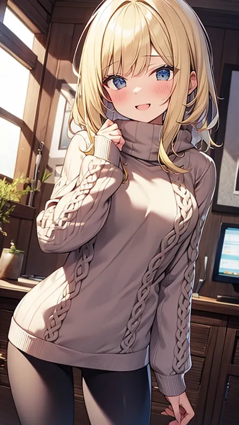 (Masterpiece, Top quality: 1.5), 1 beautiful girl, solo, (short height:1.3), ample breasts, (winter fashion), (long sweater, leggings:1.2), (blonde:1.5), (medium Hair:1.2), wavy Hair, asymmetry bangs, swept bangs, airy hair, standard weight, smile:1.2, (bl...