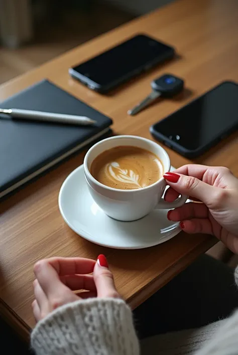 Photo of the human hand of a girl holding a cup of coffee next to 2 cell phones an all-black agenda a pen and a key for a Ford car the hand of a friend appearing on the table 