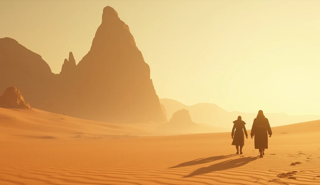 there are two people walking in the desert near a large rock, unreal engine 5 showcase, anamorphic 24 mm lens, inspired by Sanford Robinson Gifford, gameplay screenshot, still from a music video, sylvain sarrailh and igor morski, interior gameplay screensh...