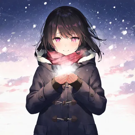 ((pastel、anime))、 1 woman, upper body, cowboy shot,Winter clothing,Coats and scarves,move,Black Hair,Pink Eyes, Gently Staring at Us ,tears,smile,Looks cold, The background to warm hands is the night city,Light,Snow,Winter landscape masterpiece  , best qua...