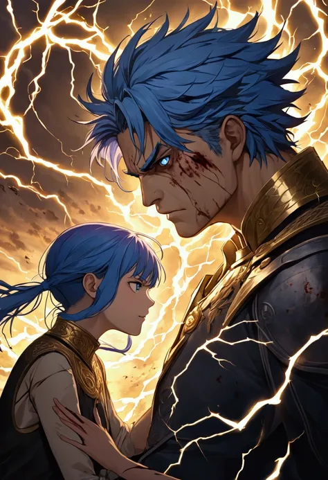 The blue-haired man was making angry faces, his clothes torn and wounded from the battle. The right hand embraced the fading light purple girl. The left hand was sticking out to the sides and electricity was running around with the blue eyes on the left an...