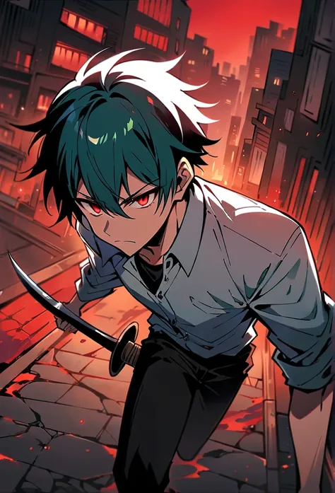 Male Teenager ,solo, white button down shirt, black undershirt, black jean pants, black shoes, teal hair, neck scar, red eyes, serious look, masterpiece, best quality, city, sidewalk, hell, red sky, holding sword