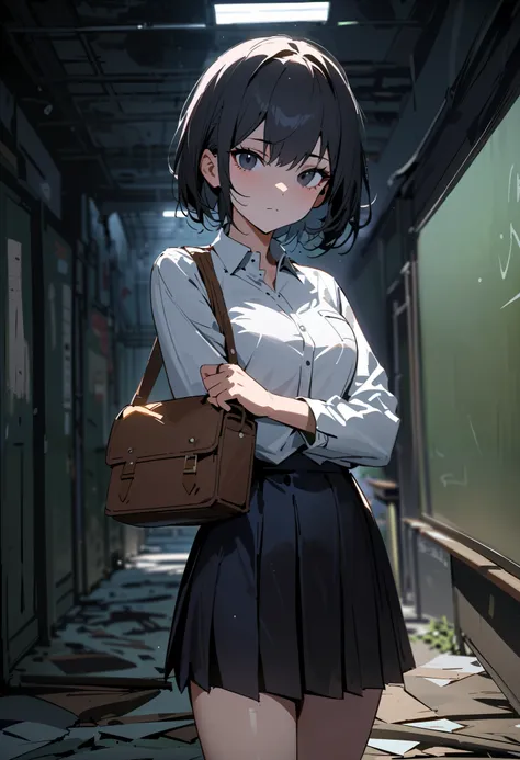 masterpiece, best quality, amazing quality, absurdres, 1girl, short hair, black hair, black eyes, expressionless, white collared shirt,brown leather messenger bag, black pleated skirt, standing, hand gripping other arm, looking at viewer, abandoned classro...