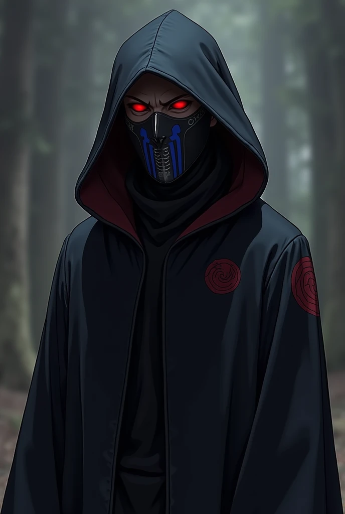 It lasts:  A long black cloak ,  made of resistant fabric ,  completely covering the body ,  from neck to ankles .  The cloak is decorated with subtle patterns in dark red ,  similar to spirals and lines that resemble Uzumaki .  The sleeves are wide ,  all...