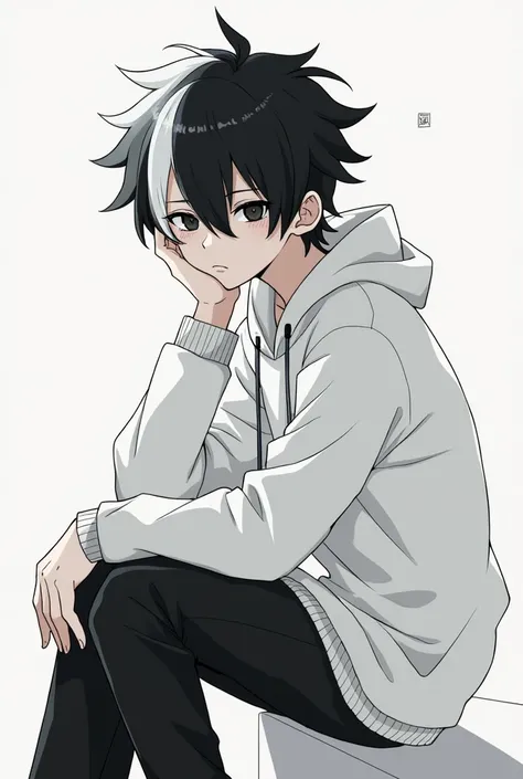 Bikini fanart ,  black and white haired guy  , wear a white Hoodie sweater , Eyes  ,black eye bag , posing sitting anime style  