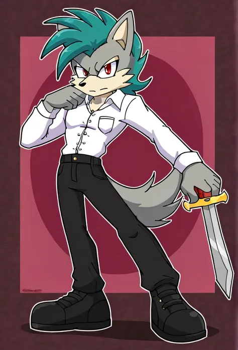 Male wolf, solo, white button down shirt, black undershirt, black jean pants, black shoes, teal hair, red eyes, serious look, masterpiece, best quality, holding sword