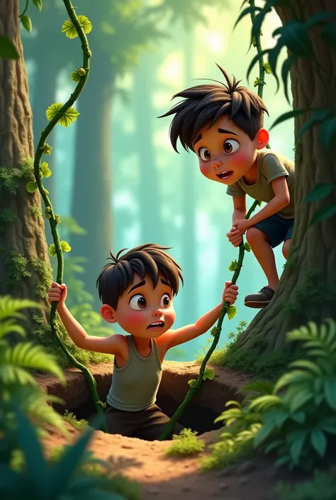 Cartoon of a boy in a hole and another boy throwing a rope of vines to the boy in the hole, In Disney Pixar format.              