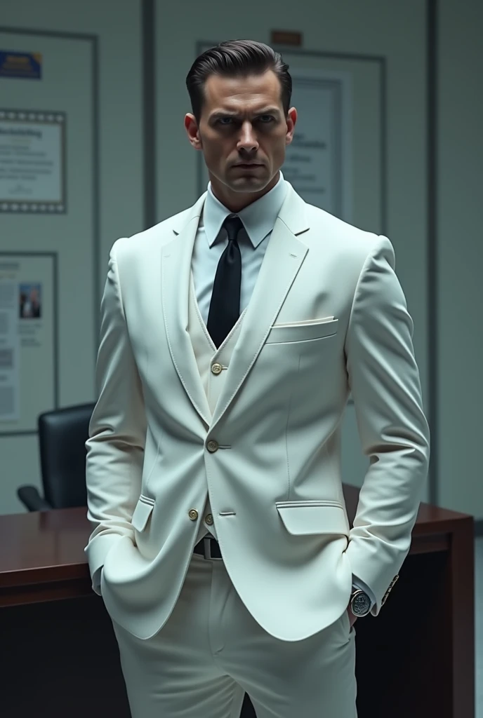 lawyer,Wearing a white suit and villain