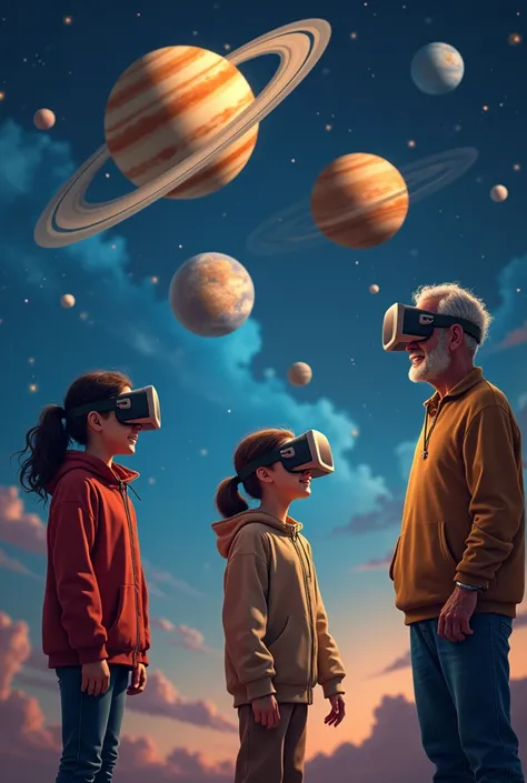 Give me a picture that represents :

 a scene showing Layla and Omar wearing virtual reality glasses, surrounded by a three-dimensional view of the solar system . . The planets appear to be hanging around them, with accurate details of the surfaces and mov...