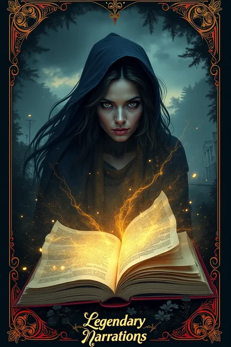 in the center,  an evocative illustration would show a moving train or a partially illuminated female face,  surrounded by legendary elements such as an old book opened with golden flashes and haze .  The background would present a romantic and tragic land...