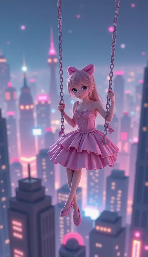 Sci-fi movie posters， anime style，A night full of cyberpunk style， 一个美少女 in a pink princess dress is sitting on a swing，The background is a pink night view of the city ， Ultra HD Quality，Movie poster design， movie camera