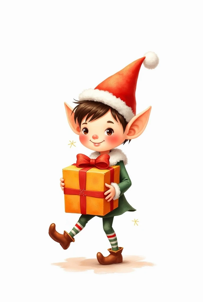 ish way ,A Christmas elf , ,  carries an orange gift in his hands, watercolor way , white background