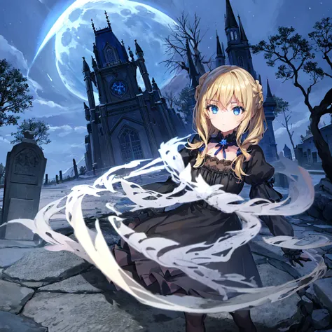 1 girl, long hair, blonde hair, blue eyes, black dress, gothic lolita costume, blue moon and dead trees, night, castle with open entrance, graveyard, flying bats, skeleton