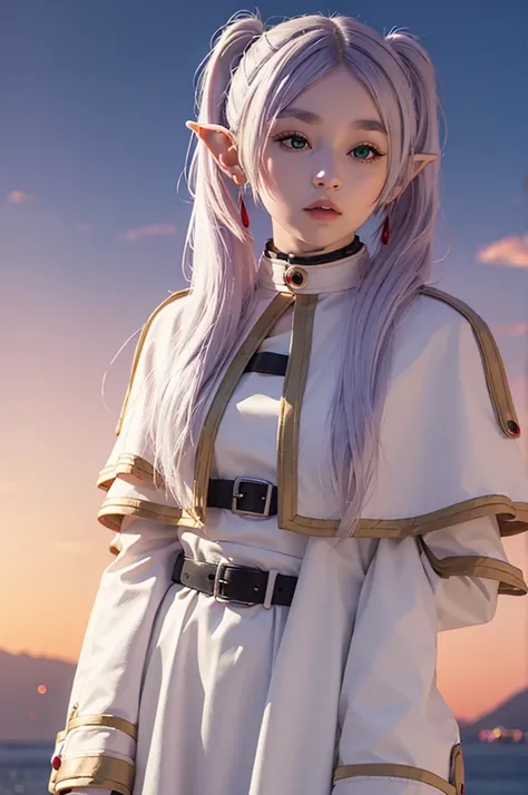 (maximum quality image, masterpiece), detailed landscape,(((white hair))), detailed beautiful green eyes,  tranquil lake (reflecting the vibrant sky at dusk),nuances of colors,quiet, frieren, 1girl, long hair, pointy ears, twintails, jewelry, elf, earrings...