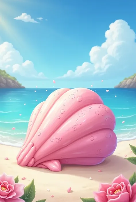 Cartoon of a magical pink seashell on the beach