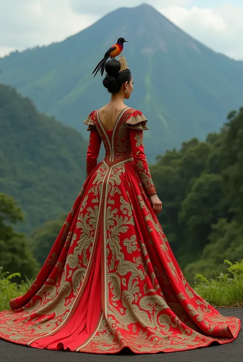  Give us a picture of the beautiful national costume of the queen inspired by Mount Kinabalu Sabah.
-di bahagian dua tangan ada bunga rafflesia.
 -on the back there is Mount Kinabalu Sabah to catch .
-on the head there is a birds head .