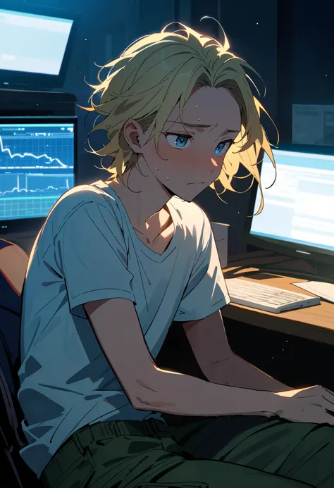 masterpiece, best quality, amazing quality, very aesthetic, absurdres, solo, 1boy, male, american, blonde hair, overgrown hair, no blush, no blush on face, blue eyes, tired eyes, forehead shadow, nervous, skinny, sweat, dark bedroom, night, bedroom, minima...