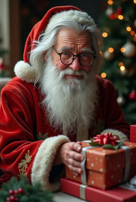 Young Santa with glasses and cute clothes gray hair, old beautiful face, sitting and wrapping gifts