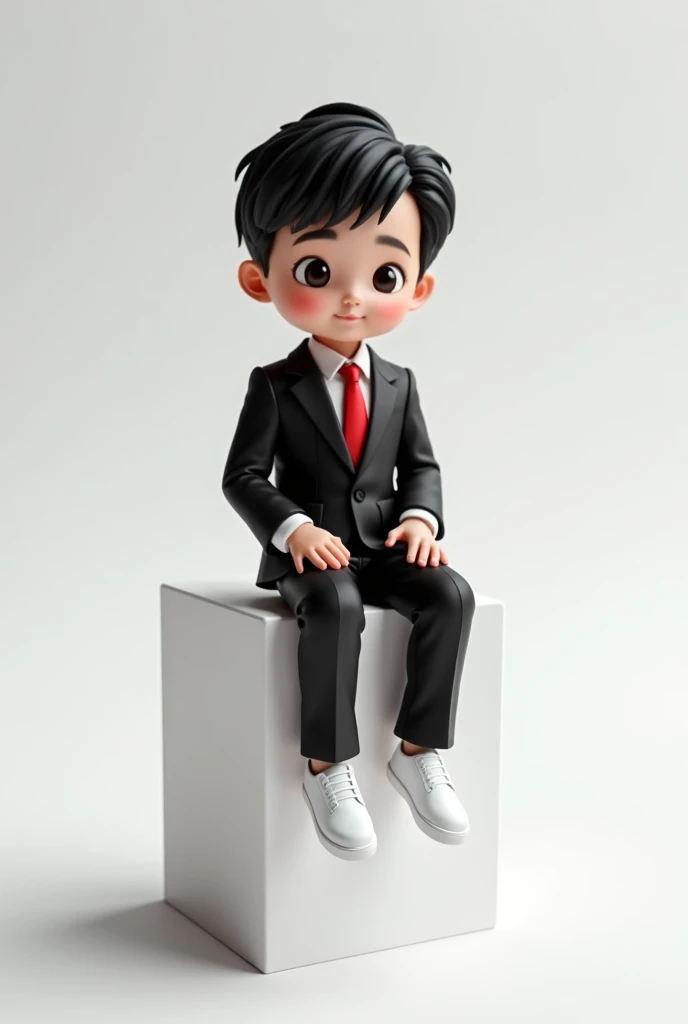 a  boy, the size of an adult male thumb, Indonesian, black hair, cute face, wearing a black suit, red tie, black pants, white shoes, sitting on white box