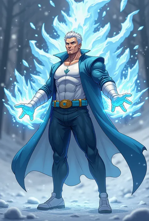 superhero, Muscle man, 45 ans, (cheveux blancs courts, grey eyes, thin white eyebrows), (hero costume with open jacket), gants blancs sans doigts, la glace jaillit de ses mains, surrounded by ice, frost, snow, Style anime, effets de particules, Laser trace...