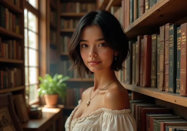 Beautiful 28-year-old short black haired Latin woman in a bookstore ultra realistic image