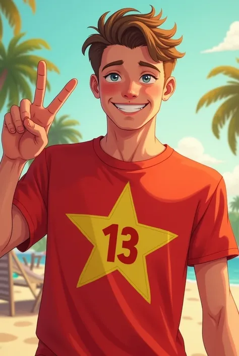  Imagine a 20-year-old white boy on vacation wearing a red shirt with a yellow star and in the middle of this star the number 13. Hes making an L gesture with two fingers 