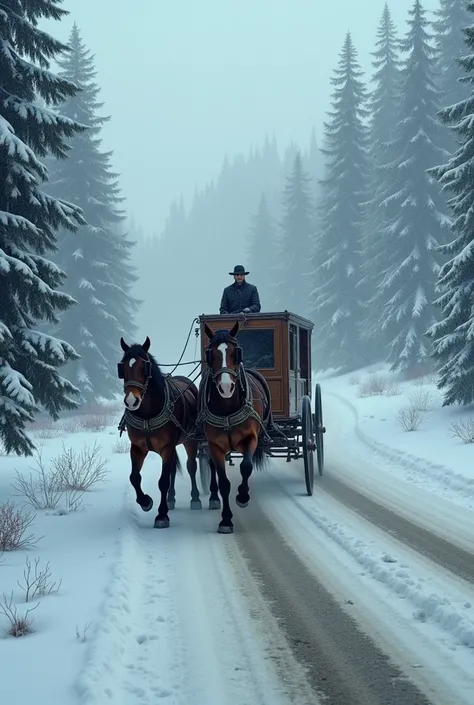 realistic carriage with 2 horses snow storm weather forest man with hat in the carriage from the side on the road