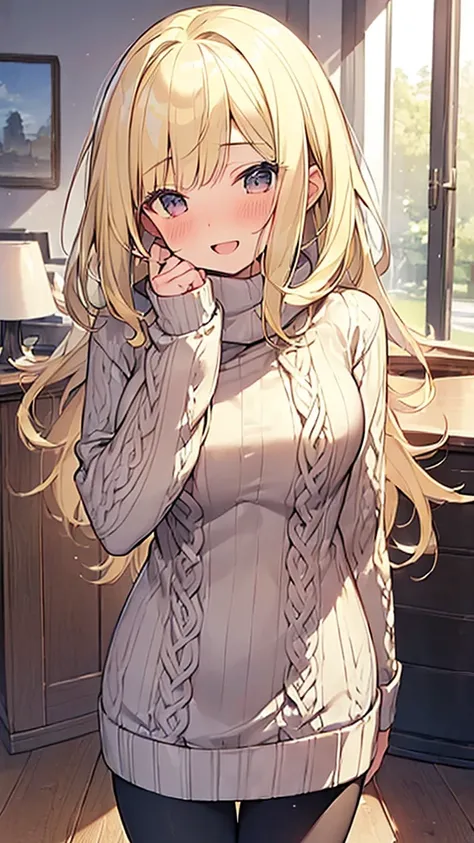 (Masterpiece, Top quality: 1.5), 1 beautiful girl, solo, (short height:1.3), ample breasts, (winter fashion), (long sweater, leggings:1.2), (blonde:1.5), (medium Hair:1.2), wavy Hair, asymmetry bangs, swept bangs, airy hair, standard weight, smile:1.2, (bl...