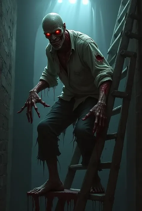 Zombie with his clothes torn and with blood, deep red eyes , climbing the ladder on all fours ,  in a dark room