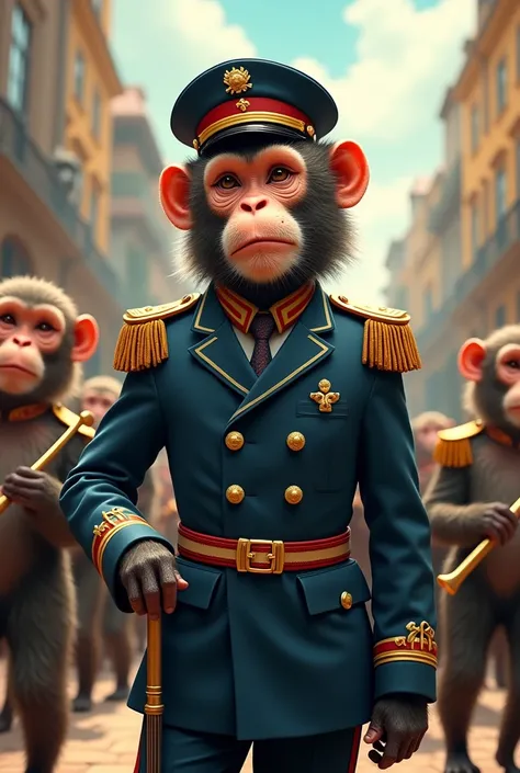 Image of a macaque dressed as a marching band director with the face of Miguel Polo Polo