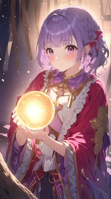 1 girl, ( blush:1.3),  medium hair, to many hairstyle,  fantasy fortune teller costume, ( Mysterious Atmosphere :1.2),  small breasts, Magical Orb ,  Clear Skin, break 
柔らかな光, ( dreamy lighting :1.3),  Premonition of Love, break 
(Fantastic bonfire:1.2),  ...