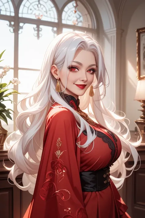  mature, bright white hair,  red plain clothes, Red lips, 차분한 Long hair, mature, bright white hair, Long hair, 어두운 Red eyes, fascinating, Hanbok,  Raised Eyes, Red Clothes , Lyrical,  soft lighting ,  a gentle smile , fascinating, Red eyes,  viewer