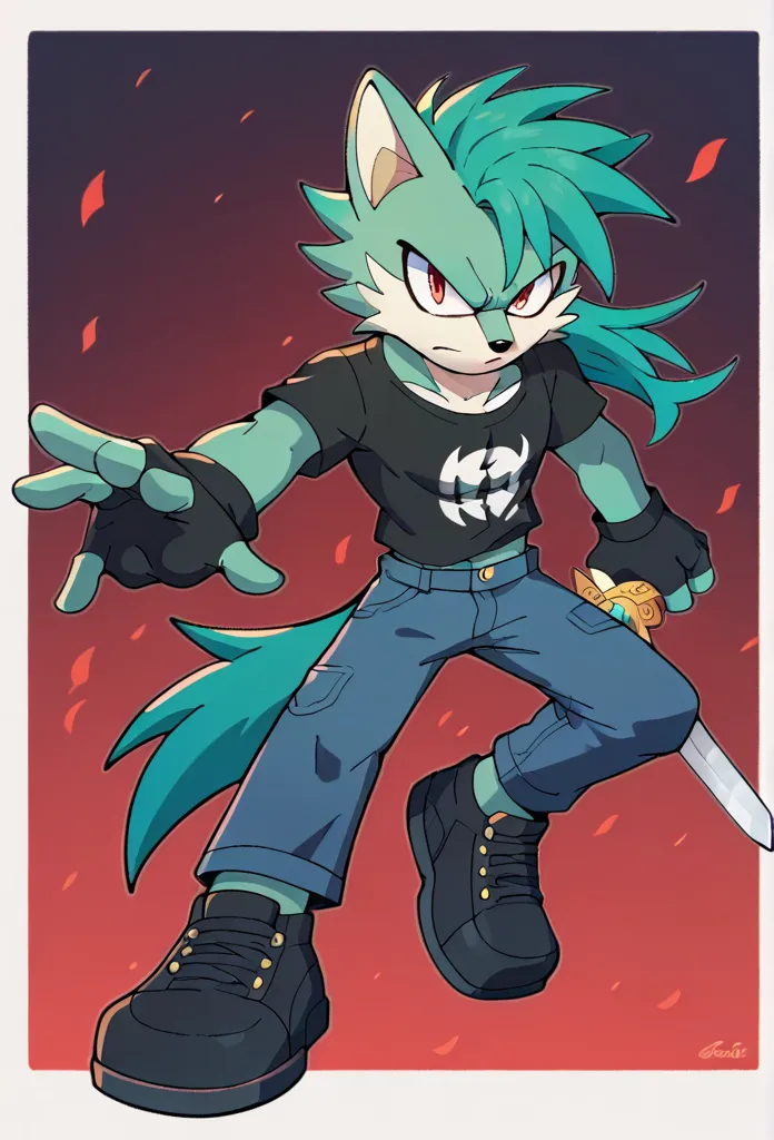 male wolf, solo, black undershirt, black jean pants, black shoes, teal hair, red eyes, black fingerless gloves, serious look, ma...