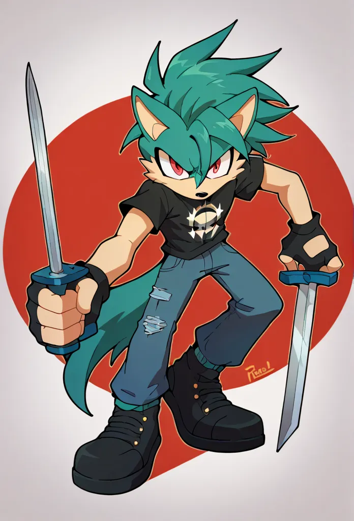 male wolf, solo, black undershirt, black jean pants, black shoes, teal hair, red eyes, black fingerless gloves, serious look, ma...