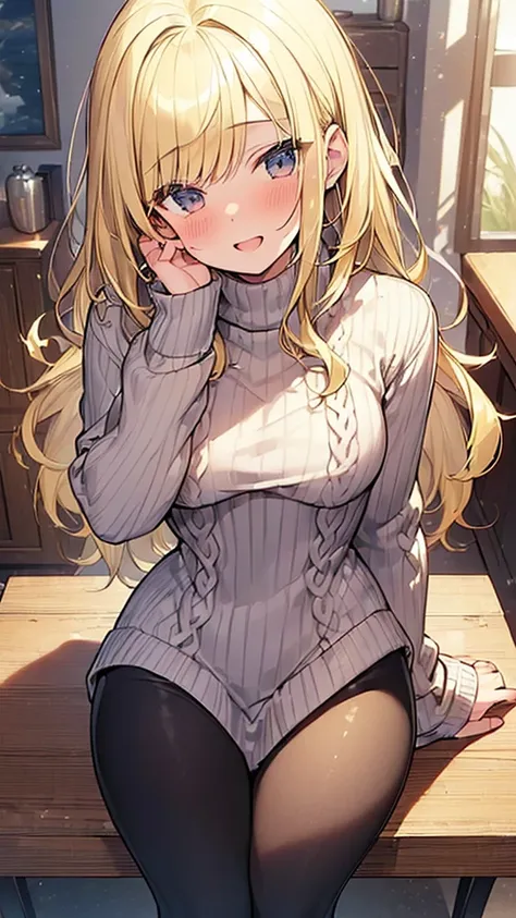 (Masterpiece, Top quality: 1.5), 1 beautiful girl, solo, sitting on chair, (short height:1.3), ample breasts, (winter fashion), (long sweater, leggings:1.2), (blonde:1.5), (medium Hair:1.2), wavy Hair, asymmetry bangs, swept bangs, airy hair, standard weig...