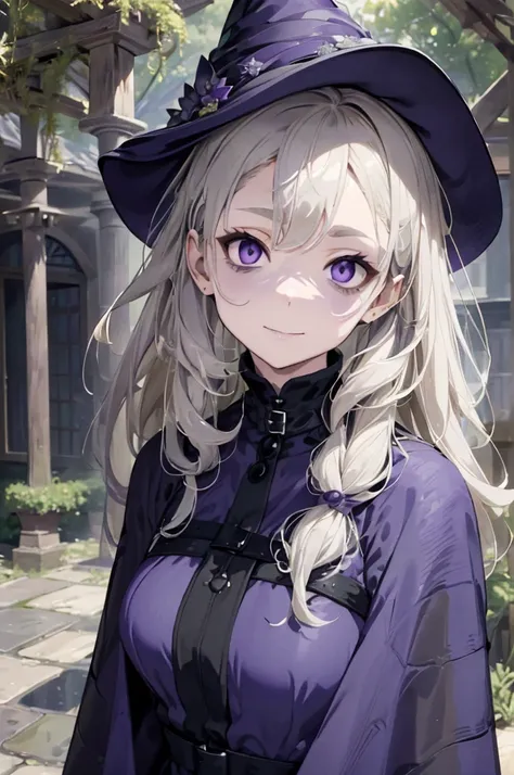 masterpiece,  best quality,((Picture of an adult woman walking )), waist-length wavy gray hair, ( white skin),((Detailed purple eyes )),Thin eyebrows,(( dark purple witch dress with slits)),((Mid-length bangs )),Eyes that lack sleep,Respectful smile ,pumps...