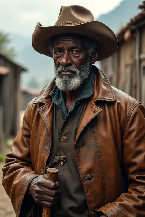 black man, 70 years old, 19th century, leather clothing, Pengala and hat