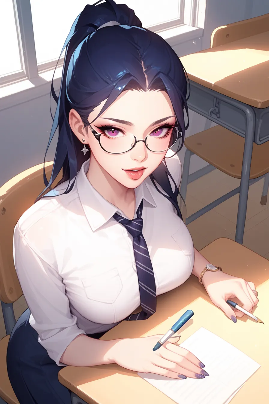 above angle, anime, naughty girl like diana, arrogant facial, necktie, glasses, in the classroom, evening light, (lol-series)