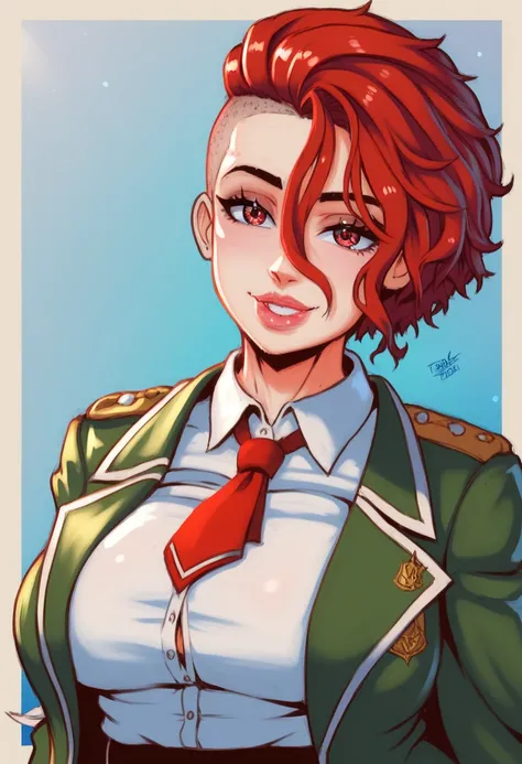 {{{ masterpiece, simple background}}} , {{{red eyes, red hair, big breasts, green jacket, white shirt, red tie, black skirt, school uniform, upper body}}}, {{{natural light, HDR, simple details CG}}}, {{{{extremely_beautiful_detailed_anime_face_and_eyes}}}...