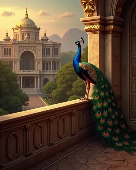 there is a peacock sitting on a balcony with a view of a building, a digital painting inspired by Alexandre Cabanel, trending on cg society, fantasy art, palace background, royal garden background, background art deco palace, stunning arcanum backdrop, bac...