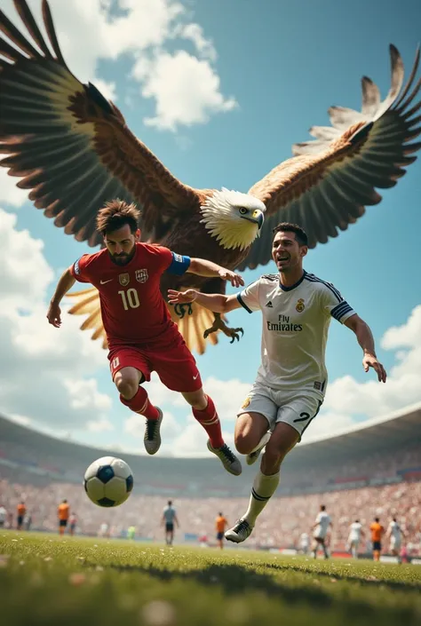 Part 2: Flight of Genius
Messi’s agility mirrored the eagle’s grace, weaving flawlessly through the air. Ronaldo’s powerful strikes propelled the bird to daring heights, mesmerizing the spectators.

