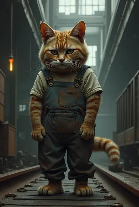 Create a realistic picture of sad cat working in industry 