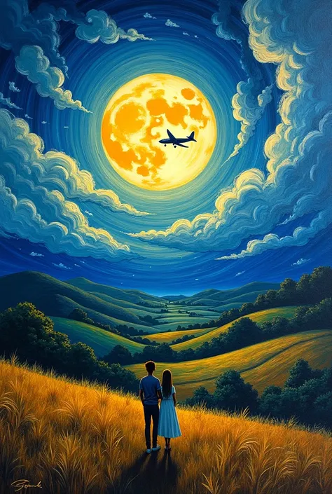  A landscape with a Moon painted in the style of van Gog, and a plane passing through the clouds ,  while a couple sees it from afar 