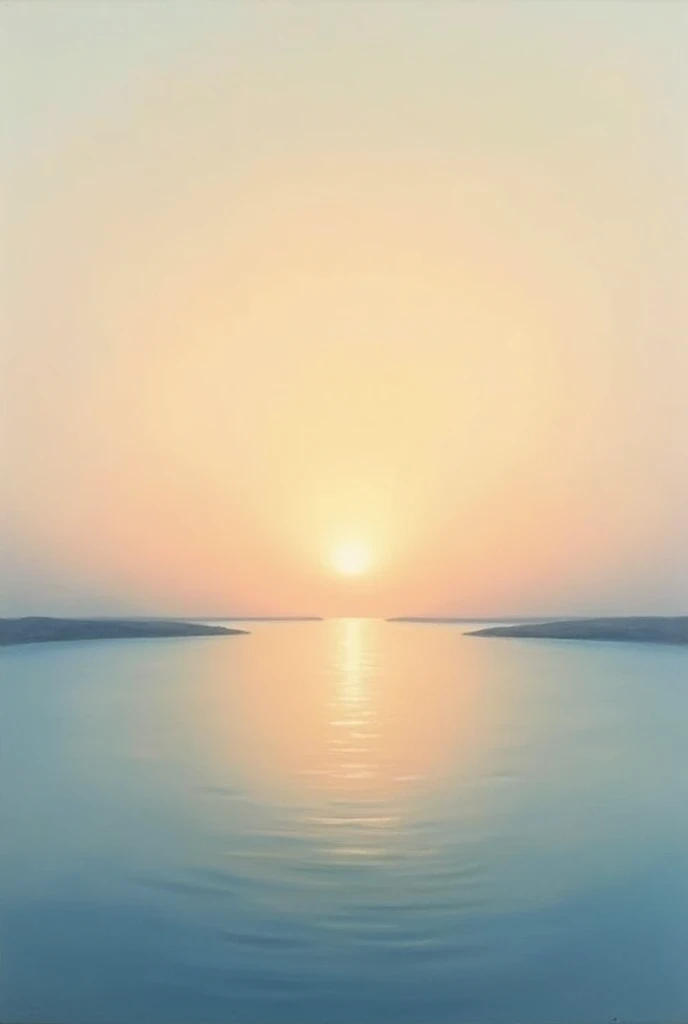 A panting of sun rises over water and no sky 