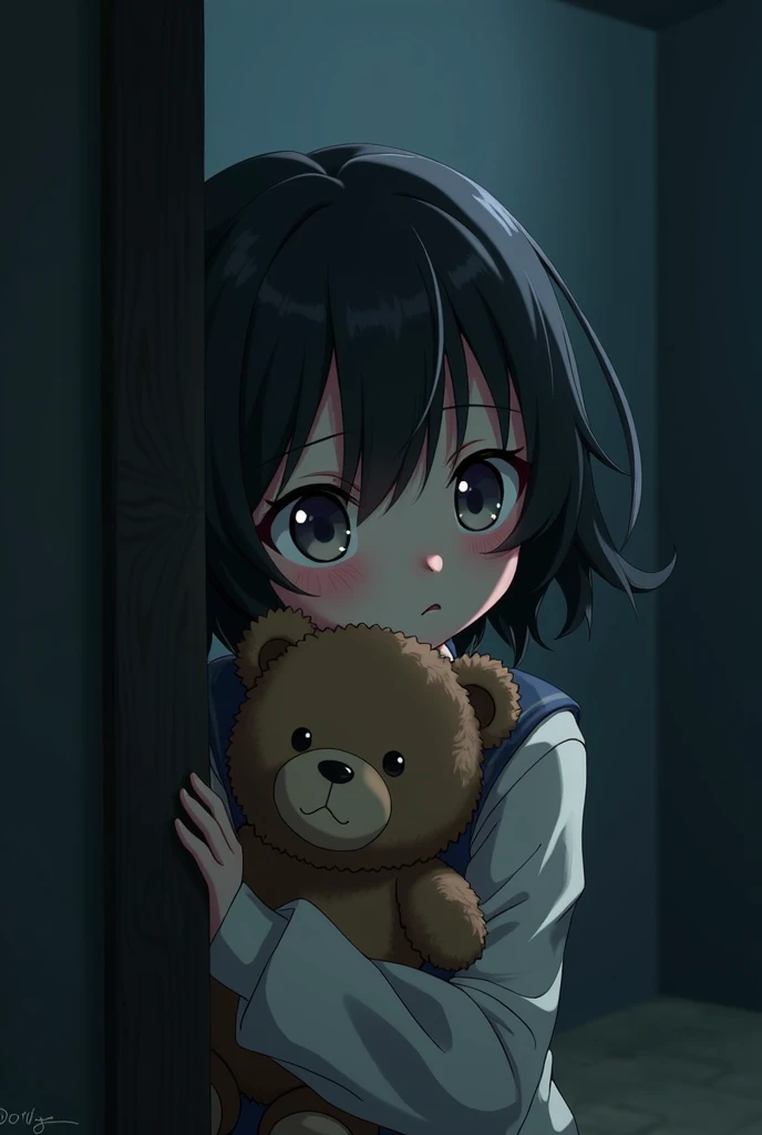 Anime like black  peaking on door holding a teddy bear