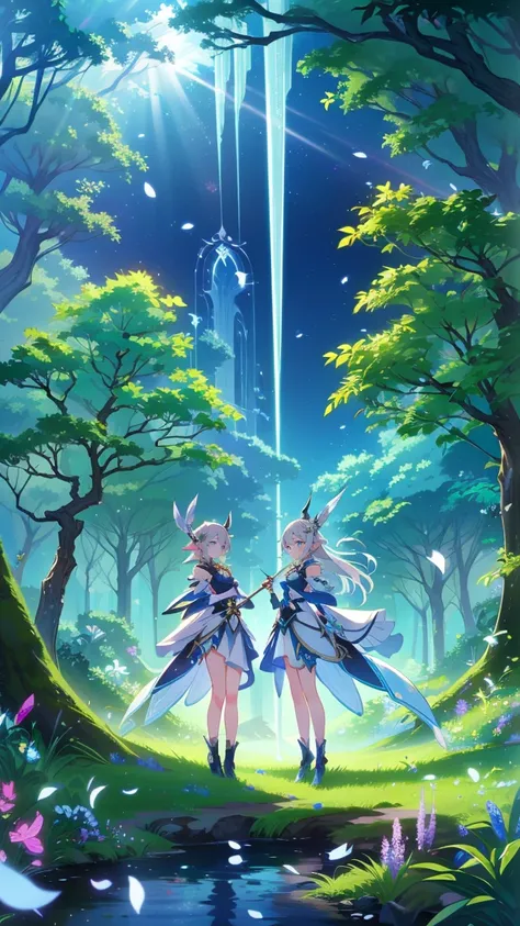 Fairies in fairy armor  ,  flying through an enchanted forest ,Shining fairy dust  ,  floating petals  ,  Filled with majestic sunlight  ,beautifully textured foliage, Magically glowing mushrooms , Twinkling Star ,   Dreamy Atmosphere ,  Breathtaking Scene...