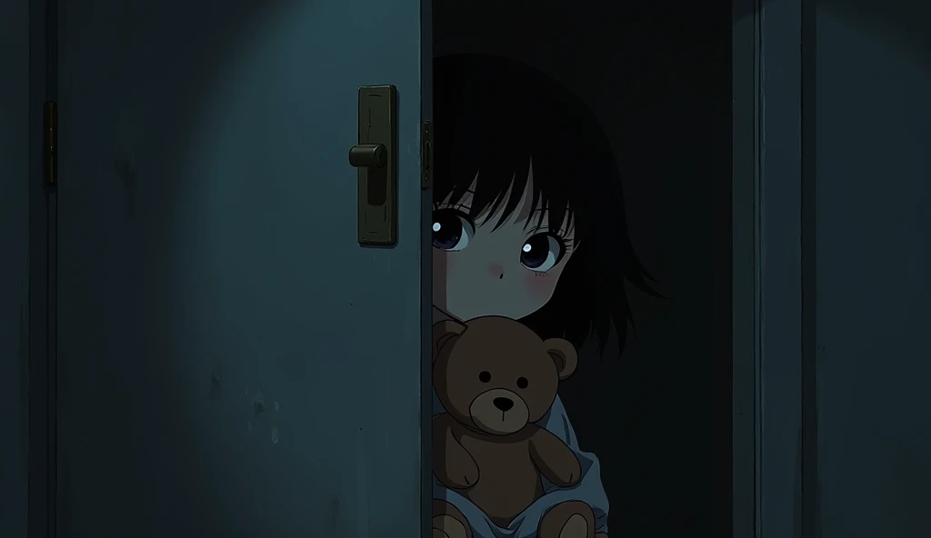 Anime-like black skin colored  peaking on door holding a teddy bear 